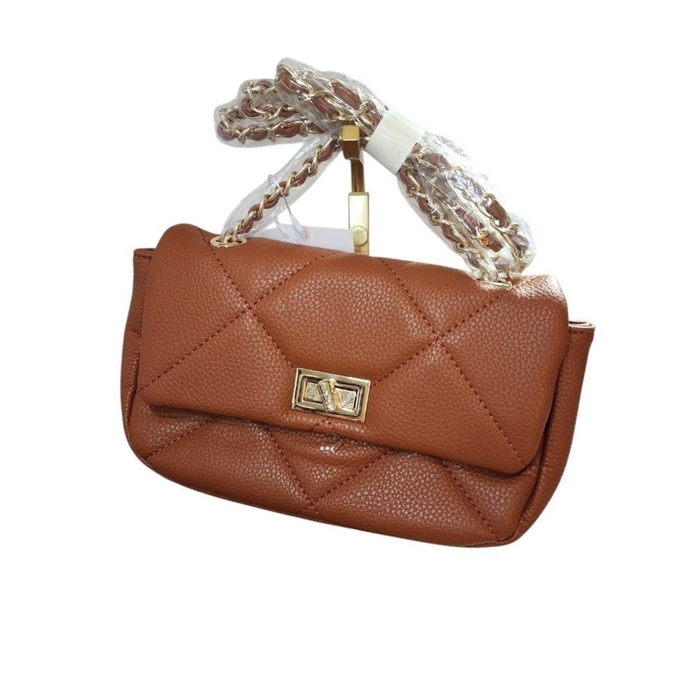 Pretty Simple Queenie Quilted Mini Crossbody Bag Cognac Chain Strap NWT